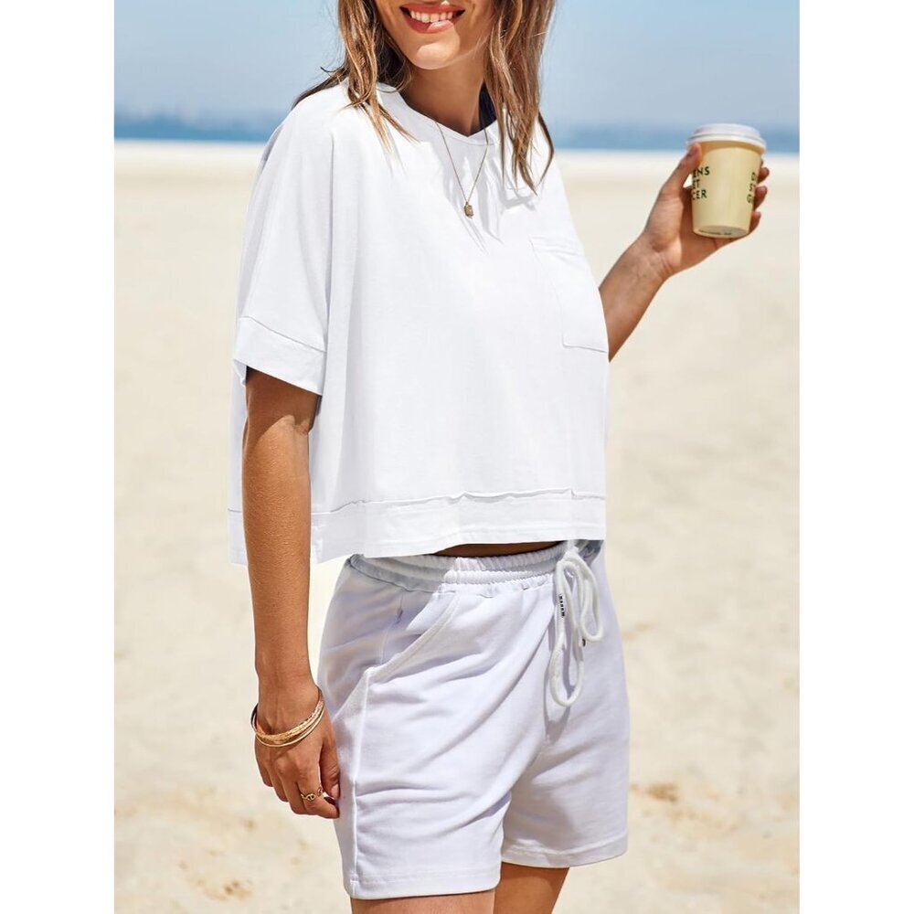 Women's Oversized Crop Top Casual Workout Short Sleeve Tee with Pockets - Picture 3 of 6
